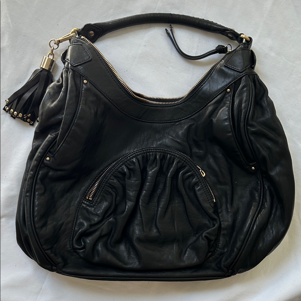 Botkie Black Lambskin Leather Hobo Bag with Tassel Accent